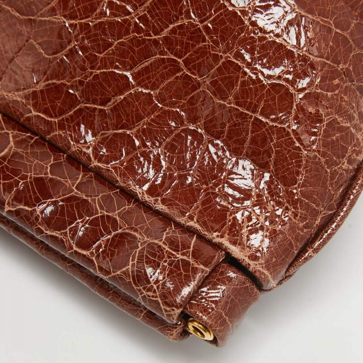 Pre Owned Miu Miu Brown Croc Effect Patent Leather Frame Clutch