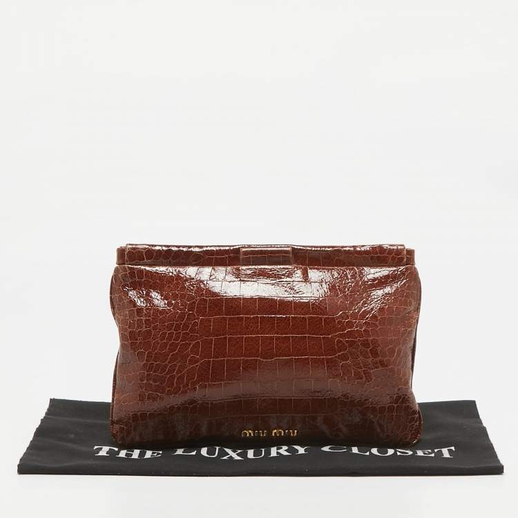 Pre Owned Miu Miu Brown Croc Effect Patent Leather Frame Clutch