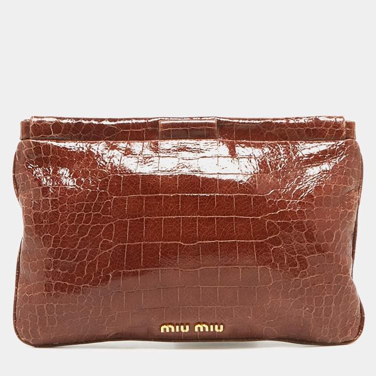 Pre Owned Miu Miu Brown Croc Effect Patent Leather Frame Clutch