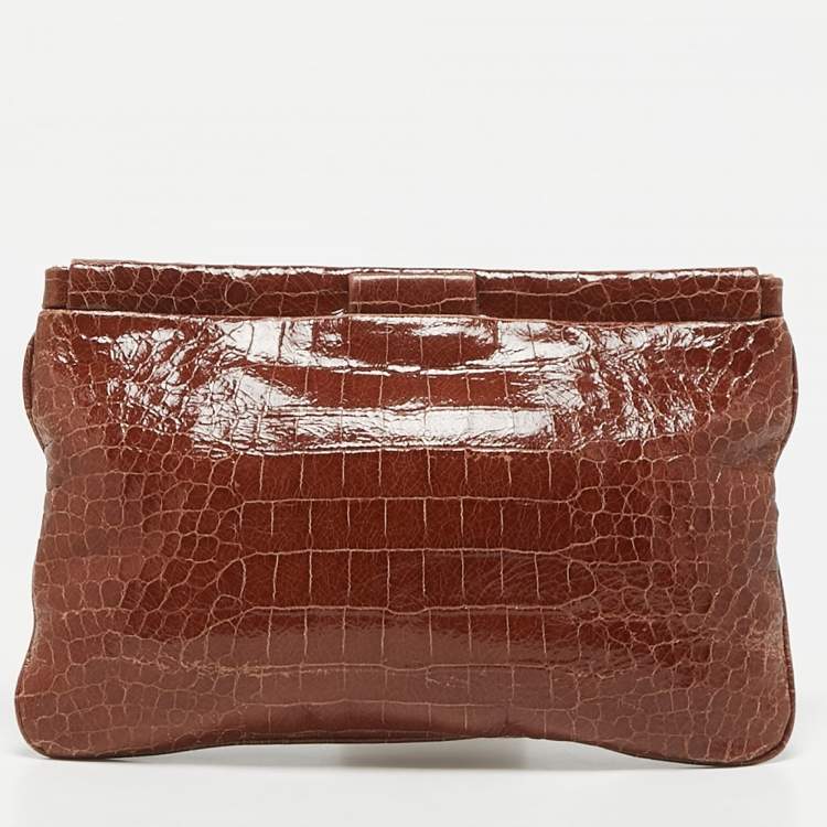 Pre Owned Miu Miu Brown Croc Effect Patent Leather Frame Clutch