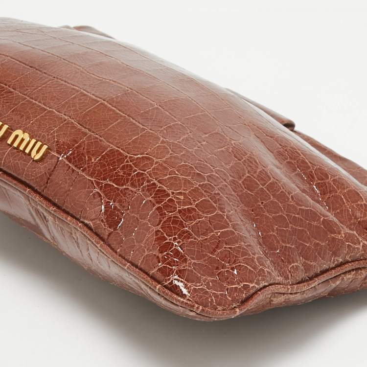 Pre Owned Miu Miu Brown Croc Effect Patent Leather Frame Clutch