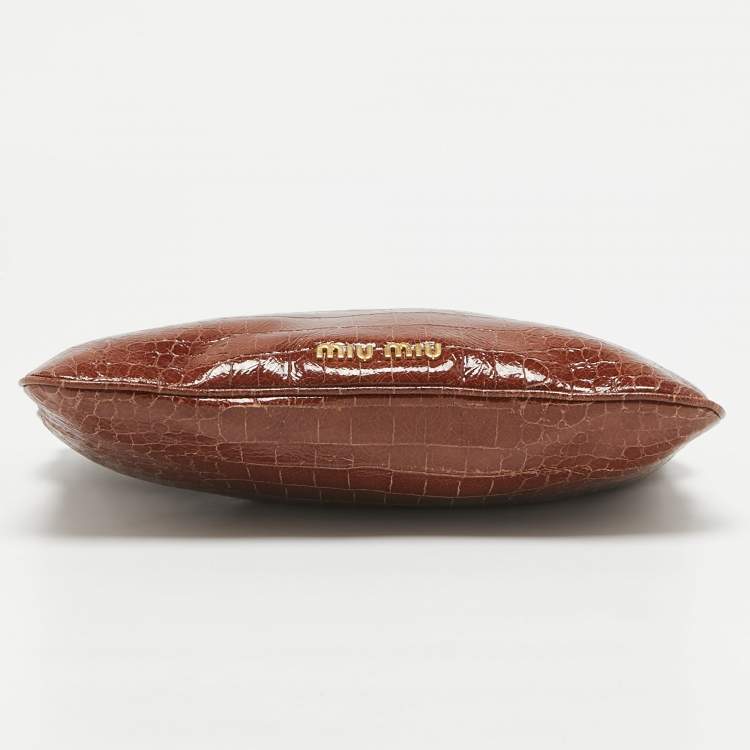 Pre Owned Miu Miu Brown Croc Effect Patent Leather Frame Clutch