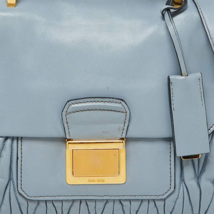Pre Owned Miu Miu Light Blue Leather Matelassé Flap Top Handle Bag