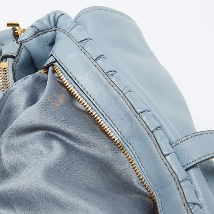Pre Owned Miu Miu Light Blue Leather Matelassé Flap Top Handle Bag