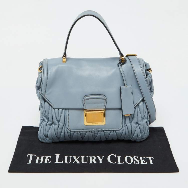 Pre Owned Miu Miu Light Blue Leather Matelassé Flap Top Handle Bag