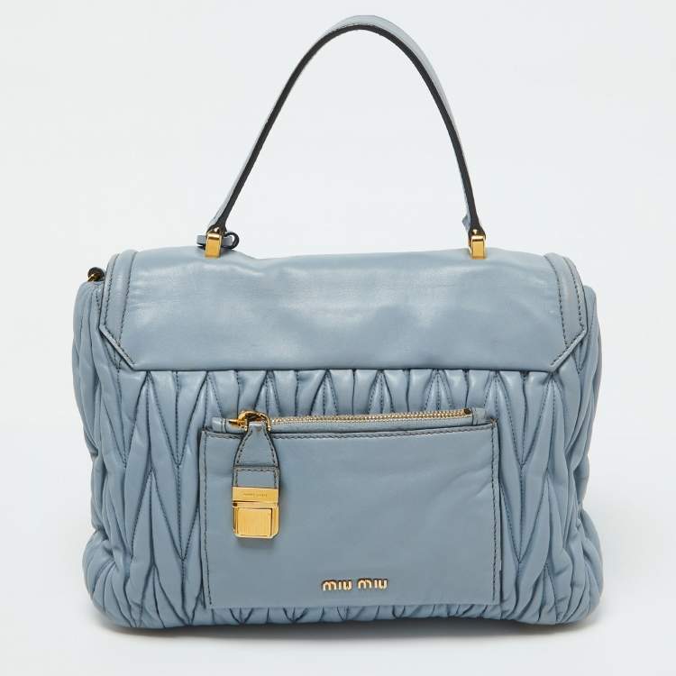 Pre Owned Miu Miu Light Blue Leather Matelassé Flap Top Handle Bag