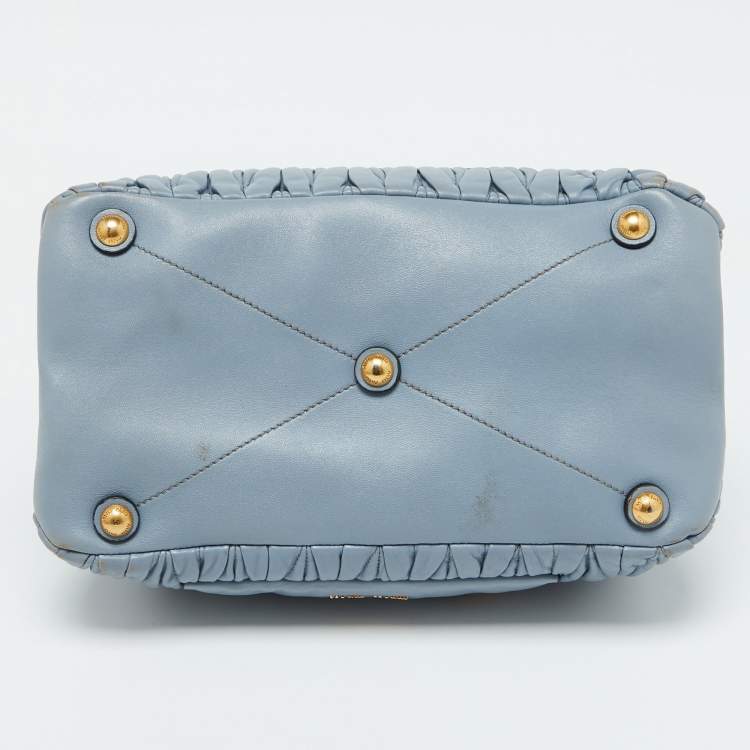Pre Owned Miu Miu Light Blue Leather Matelassé Flap Top Handle Bag