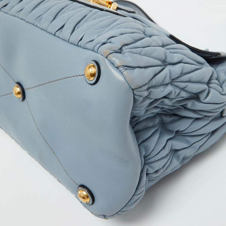 Pre Owned Miu Miu Light Blue Leather Matelassé Flap Top Handle Bag