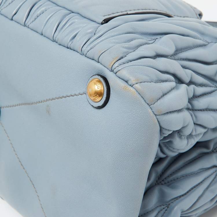 Pre Owned Miu Miu Light Blue Leather Matelassé Flap Top Handle Bag
