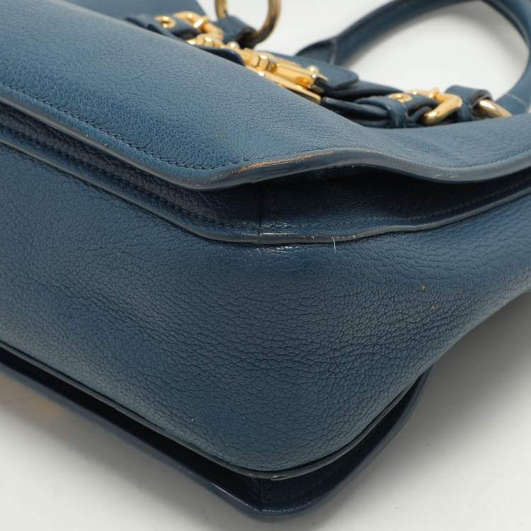 Pre Owned Miu Miu Blue Madras Leather Pushlock Tote