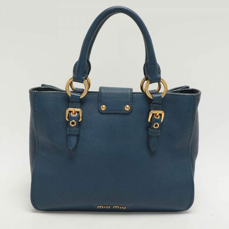 Pre Owned Miu Miu Blue Madras Leather Pushlock Tote