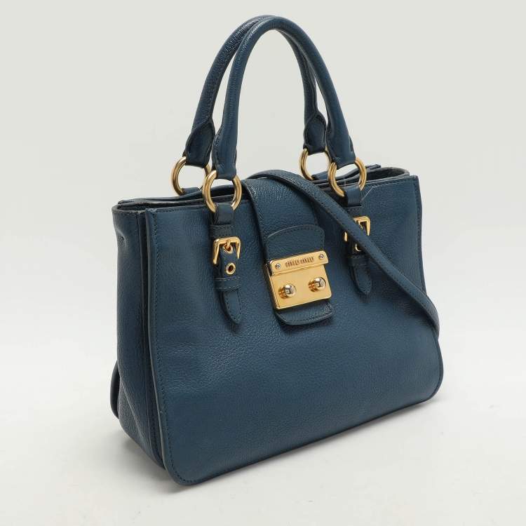 Pre Owned Miu Miu Blue Madras Leather Pushlock Tote