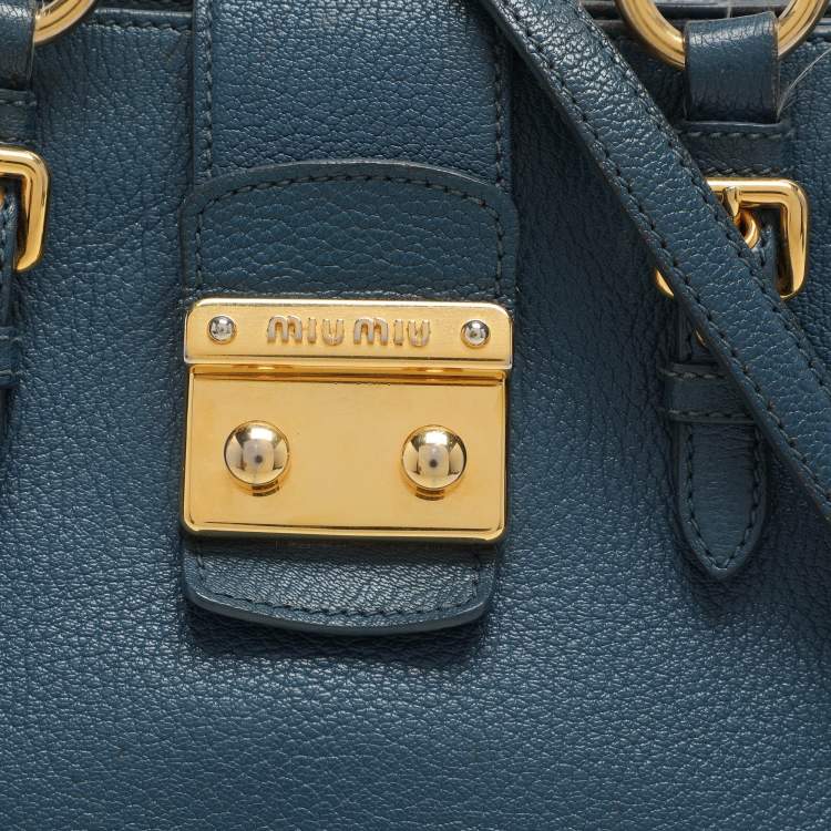 Pre Owned Miu Miu Blue Madras Leather Pushlock Tote