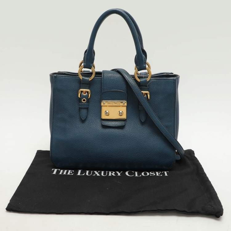 Pre Owned Miu Miu Blue Madras Leather Pushlock Tote