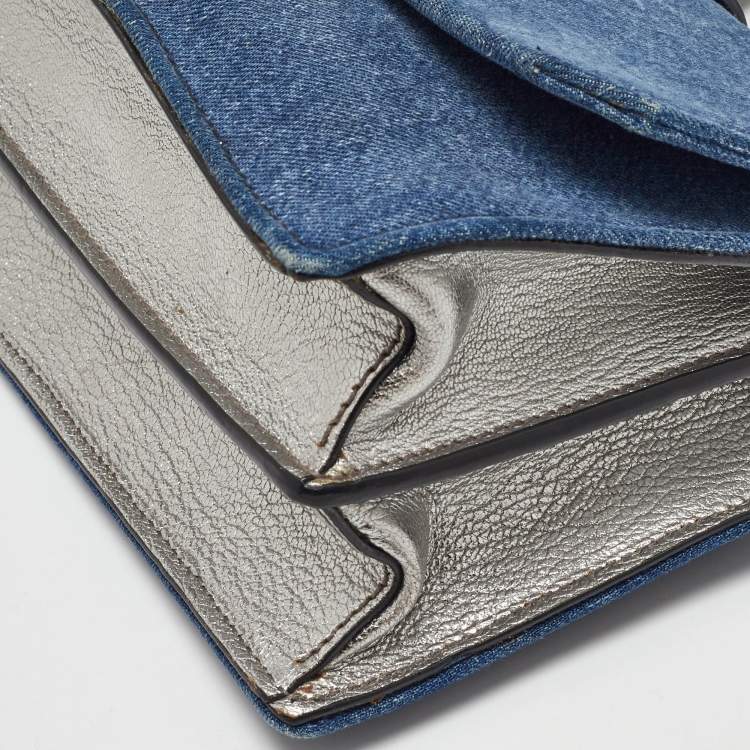 Pre Owned Miu Miu Blue/Silver Denim and Leather Flap Shoulder Bag
