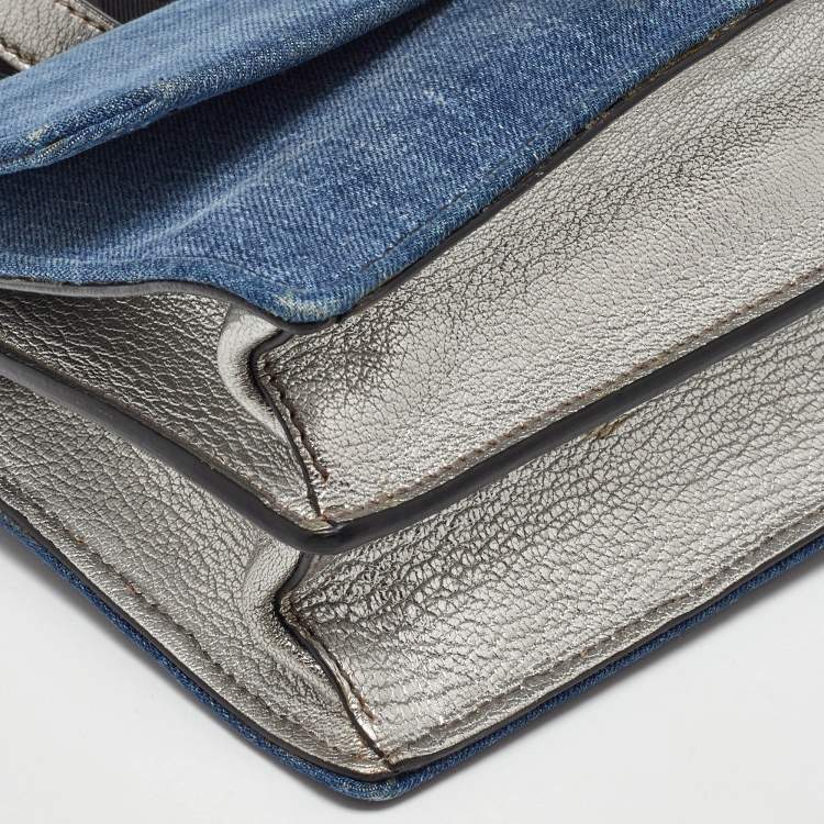 Pre Owned Miu Miu Blue/Silver Denim and Leather Flap Shoulder Bag