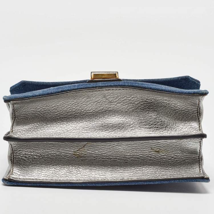 Pre Owned Miu Miu Blue/Silver Denim and Leather Flap Shoulder Bag