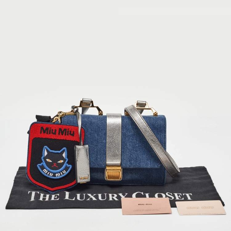 Pre Owned Miu Miu Blue/Silver Denim and Leather Flap Shoulder Bag