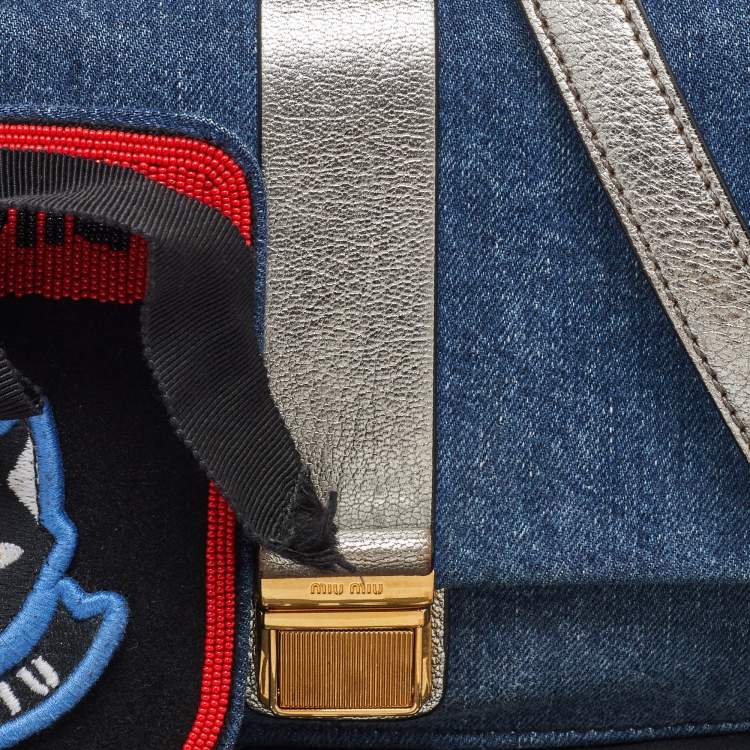Pre Owned Miu Miu Blue/Silver Denim and Leather Flap Shoulder Bag