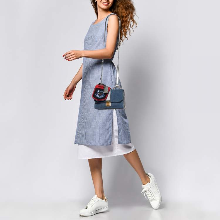 Pre Owned Miu Miu Blue/Silver Denim and Leather Flap Shoulder Bag