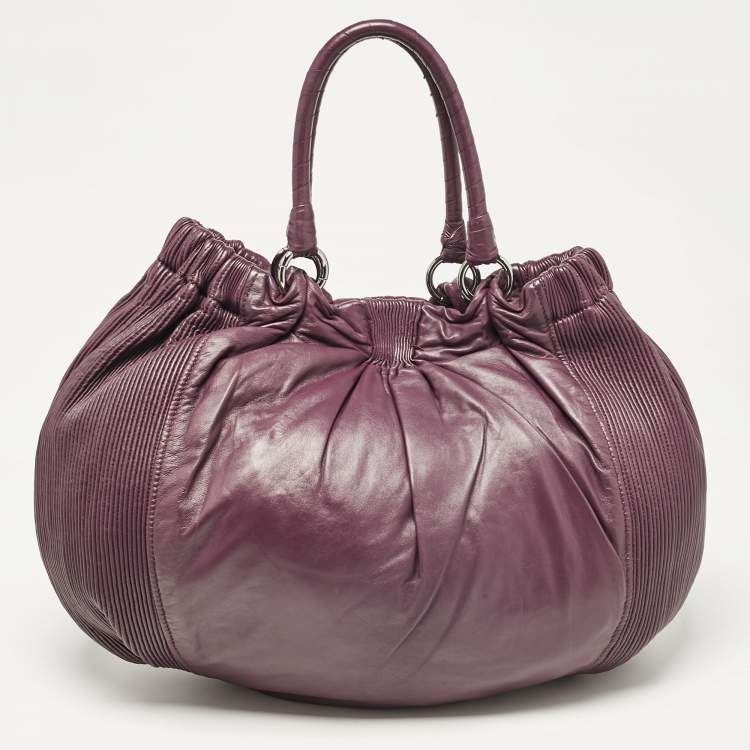 Pre Owned Miu Miu Purple Leather Pleated Hobo
