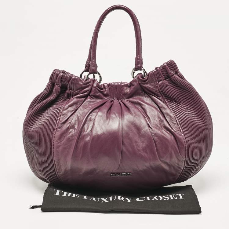 Pre Owned Miu Miu Purple Leather Pleated Hobo