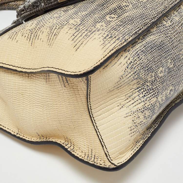 Pre Owned Miu Miu Cream/Black Lizard Embossed Leather Crystal Embellished Tote
