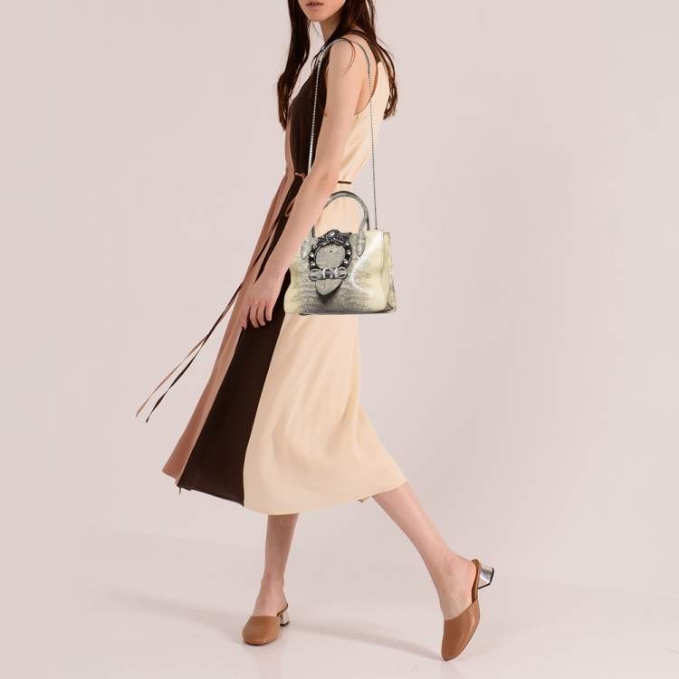 Pre Owned Miu Miu Cream/Black Lizard Embossed Leather Crystal Embellished Tote