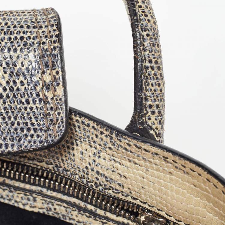 Pre Owned Miu Miu Cream/Black Lizard Embossed Leather Crystal Embellished Tote