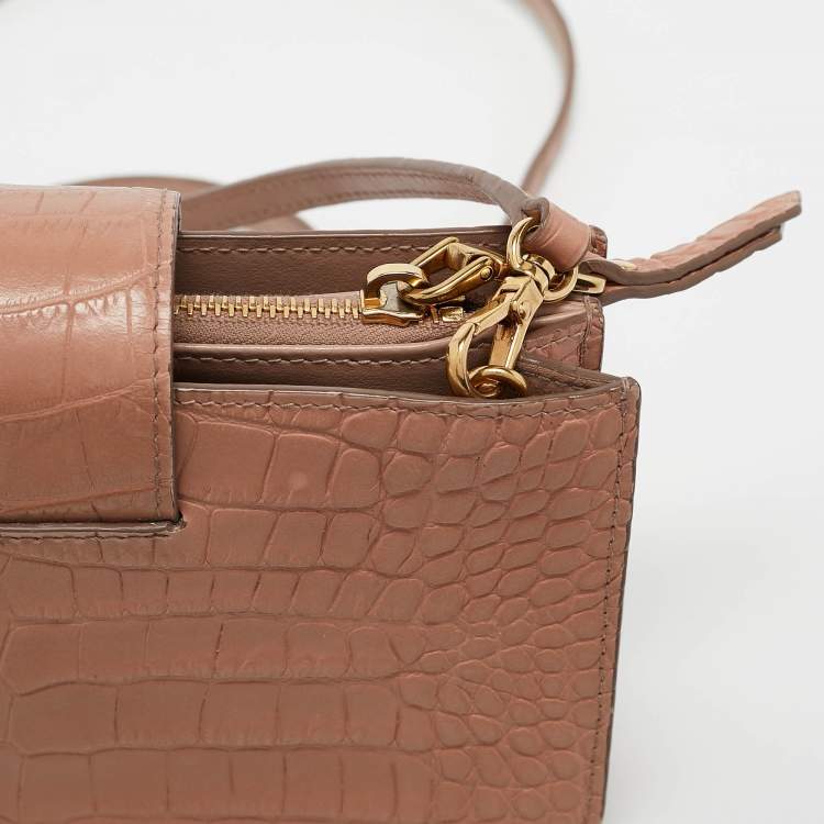 Pre Owned Miu Miu Beige Croc Embossed Leather Phone Wallet Crossbody Bag