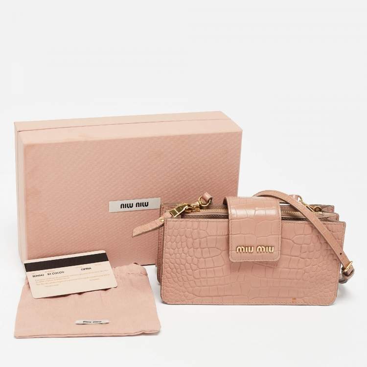 Pre Owned Miu Miu Beige Croc Embossed Leather Phone Wallet Crossbody Bag