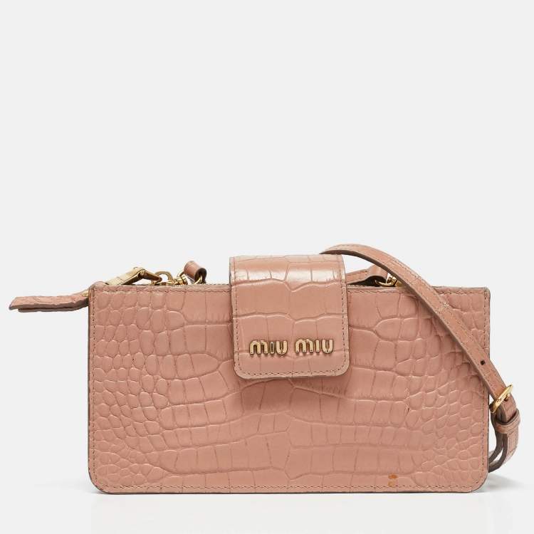 Pre Owned Miu Miu Beige Croc Embossed Leather Phone Wallet Crossbody Bag