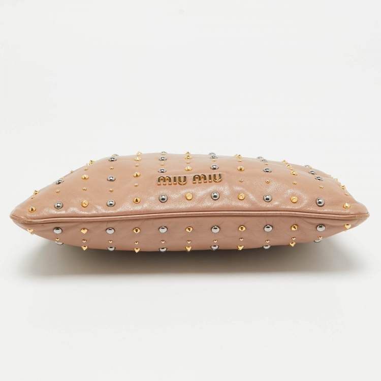 Pre Owned Miu Miu Dusty Pink Leather Studded Frame Clutch