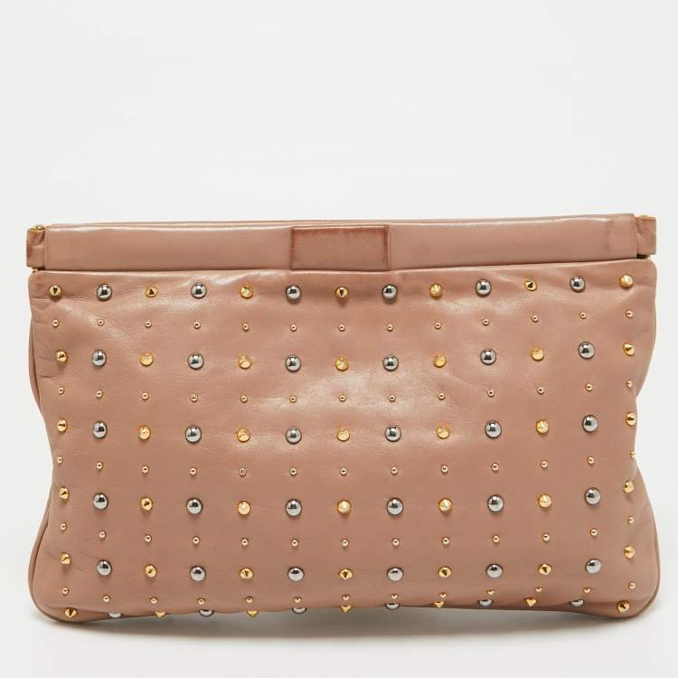 Pre Owned Miu Miu Dusty Pink Leather Studded Frame Clutch