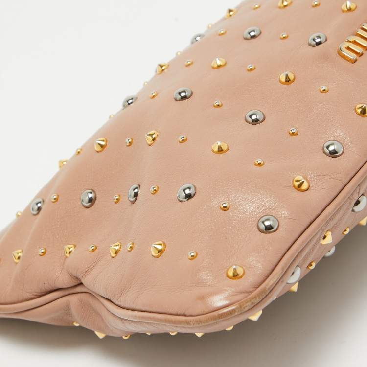 Pre Owned Miu Miu Dusty Pink Leather Studded Frame Clutch