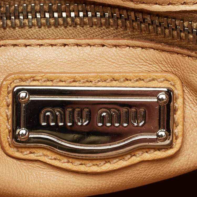 Pre Owned Miu Miu Tan Ostrich Leather Special Edition 07/8 Push Lock Tote