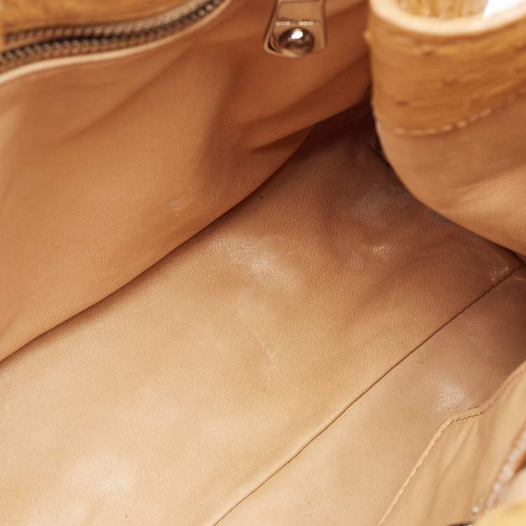 Pre Owned Miu Miu Tan Ostrich Leather Special Edition 07/8 Push Lock Tote