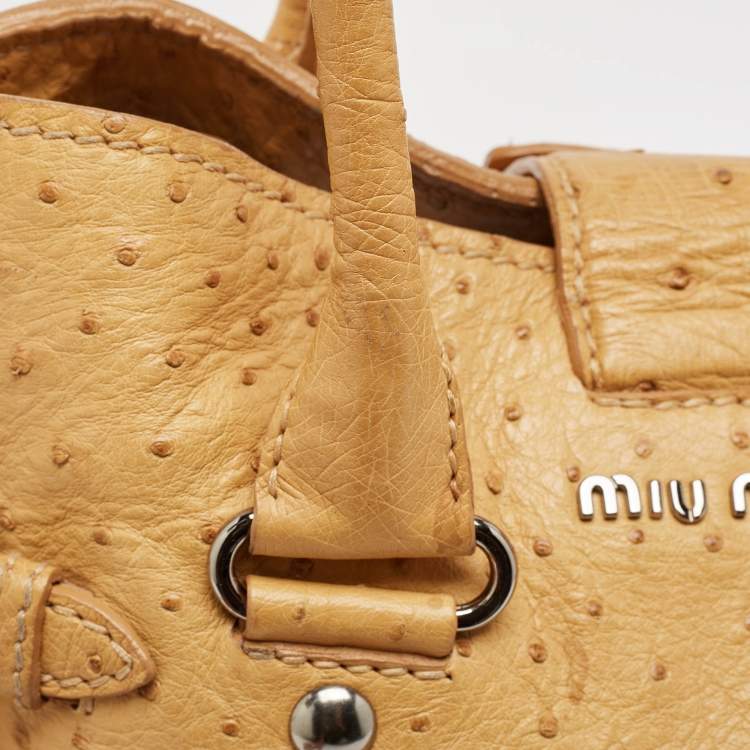 Pre Owned Miu Miu Tan Ostrich Leather Special Edition 07/8 Push Lock Tote