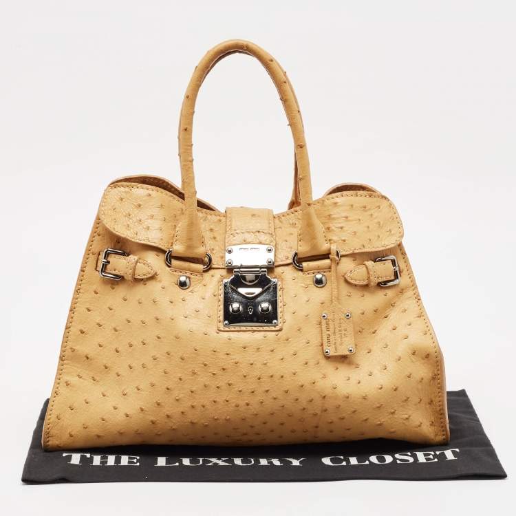 Pre Owned Miu Miu Tan Ostrich Leather Special Edition 07/8 Push Lock Tote