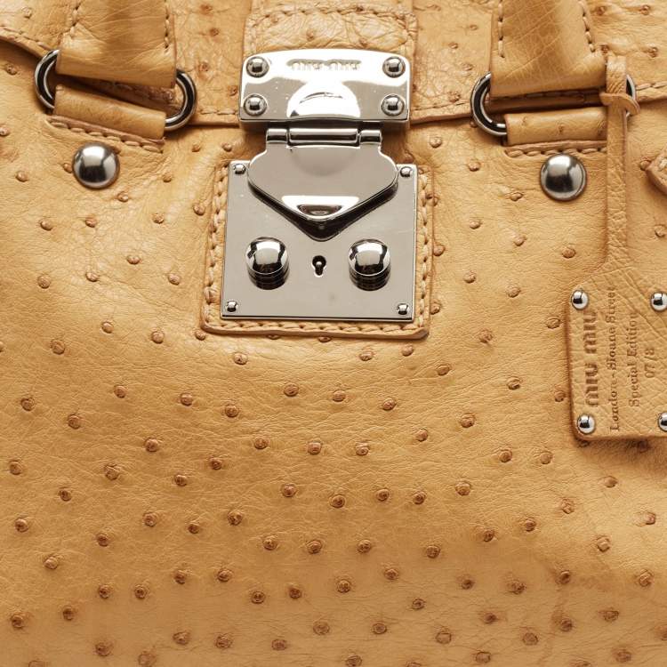 Pre Owned Miu Miu Tan Ostrich Leather Special Edition 07/8 Push Lock Tote