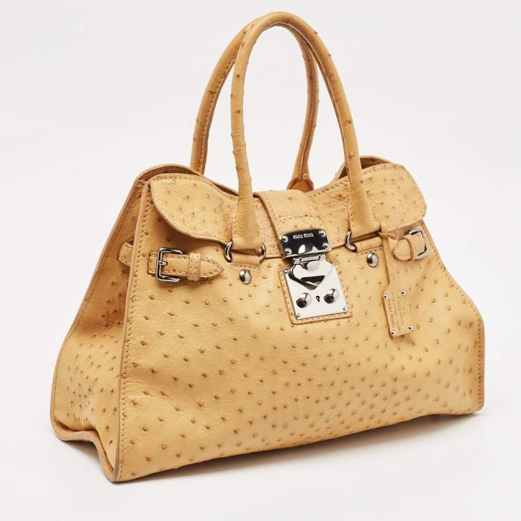 Pre Owned Miu Miu Tan Ostrich Leather Special Edition 07/8 Push Lock Tote