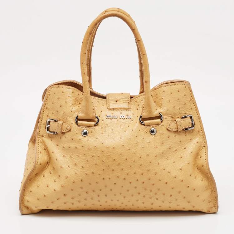 Pre Owned Miu Miu Tan Ostrich Leather Special Edition 07/8 Push Lock Tote