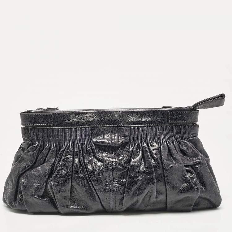 Pre Owned Miu Miu Dark Blue Leather Ruched Buckle Clutch