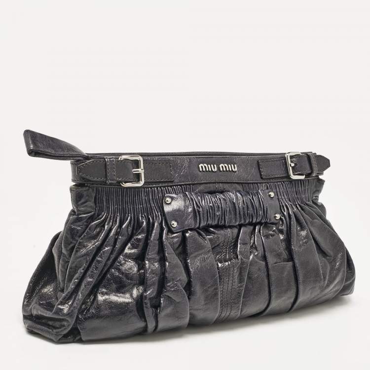 Pre Owned Miu Miu Dark Blue Leather Ruched Buckle Clutch
