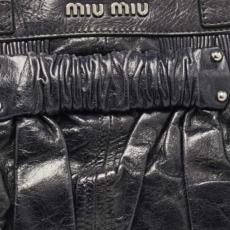 Pre Owned Miu Miu Dark Blue Leather Ruched Buckle Clutch