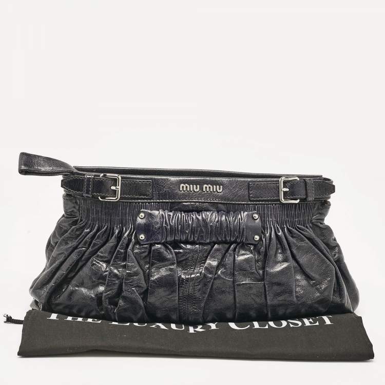 Pre Owned Miu Miu Dark Blue Leather Ruched Buckle Clutch
