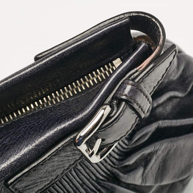 Pre Owned Miu Miu Dark Blue Leather Ruched Buckle Clutch
