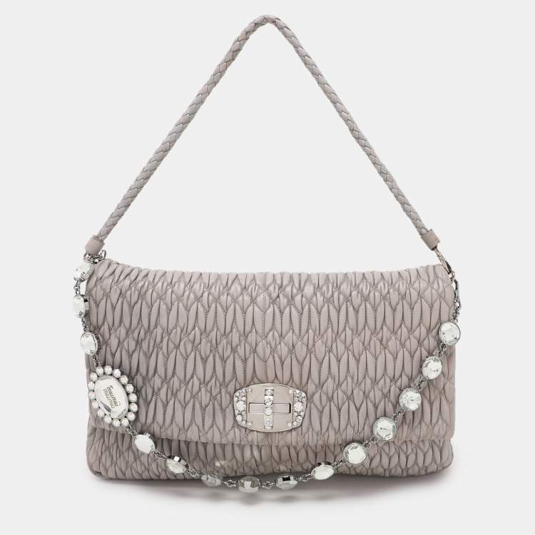 Pre Owned Miu Miu Grey Matelassé Nappa Leather Crystal Shoulder Bag
