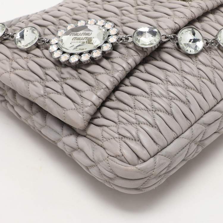 Pre Owned Miu Miu Grey Matelassé Nappa Leather Crystal Shoulder Bag