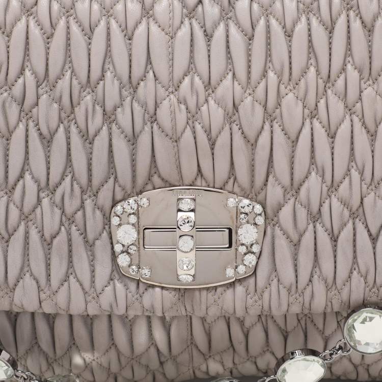 Pre Owned Miu Miu Grey Matelassé Nappa Leather Crystal Shoulder Bag